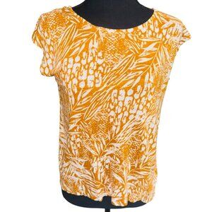 Christian Siriano 100% Linen Mustard Yellow Tropical Floral Back Button Top M